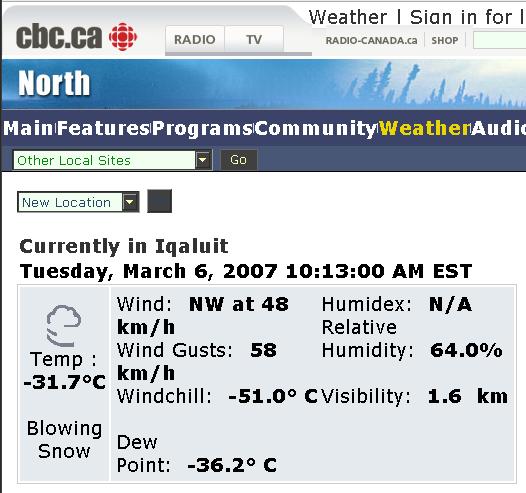 screencap from cbc north website weather